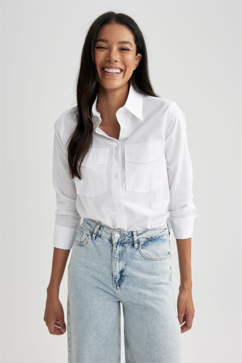 FEMME Blanc Chemise Popeline Coupe Régulière Double Poches à Manches Longues