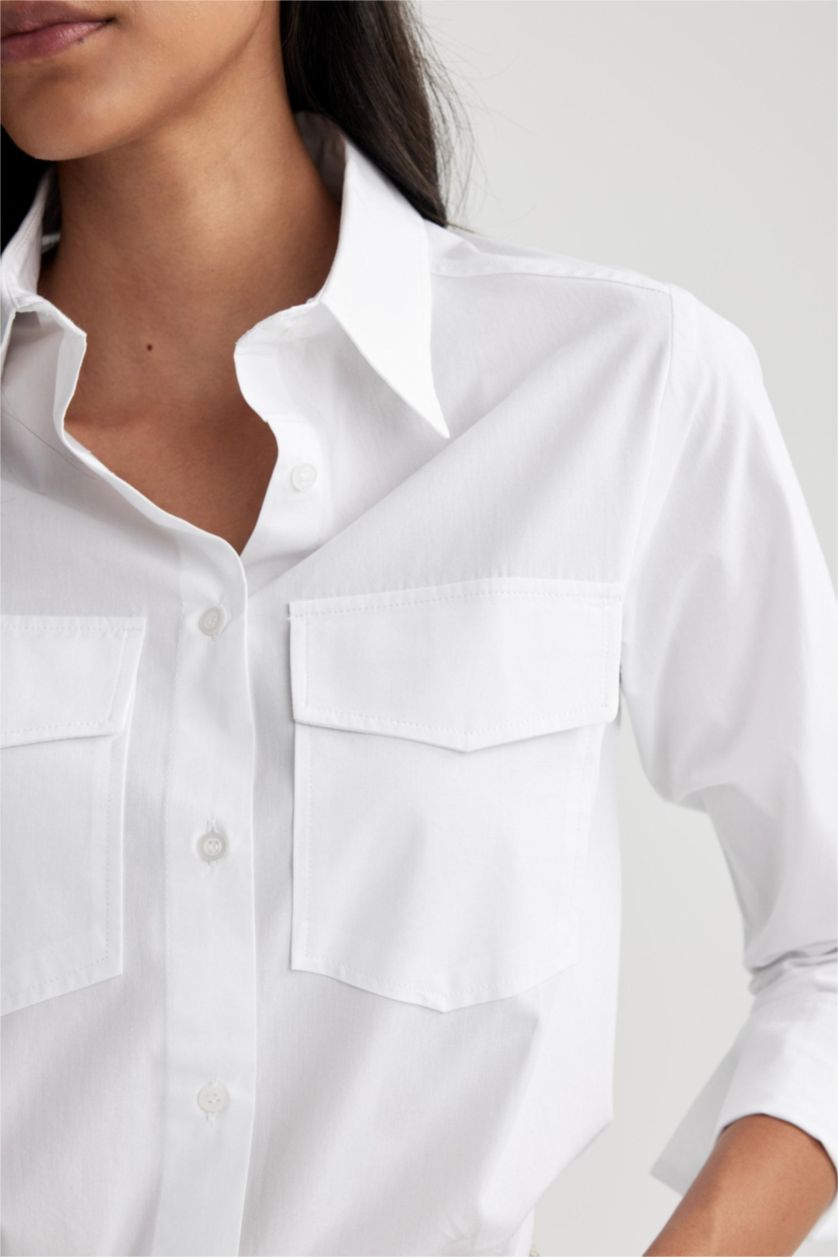 FEMME Blanc Chemise Popeline Coupe Régulière Double Poches à Manches Longues