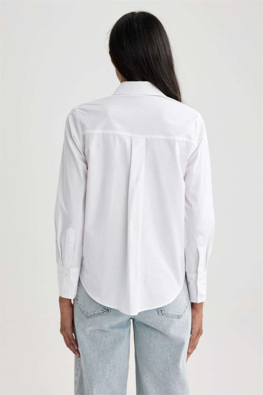 FEMME Blanc Chemise Popeline Coupe Régulière Double Poches à Manches Longues