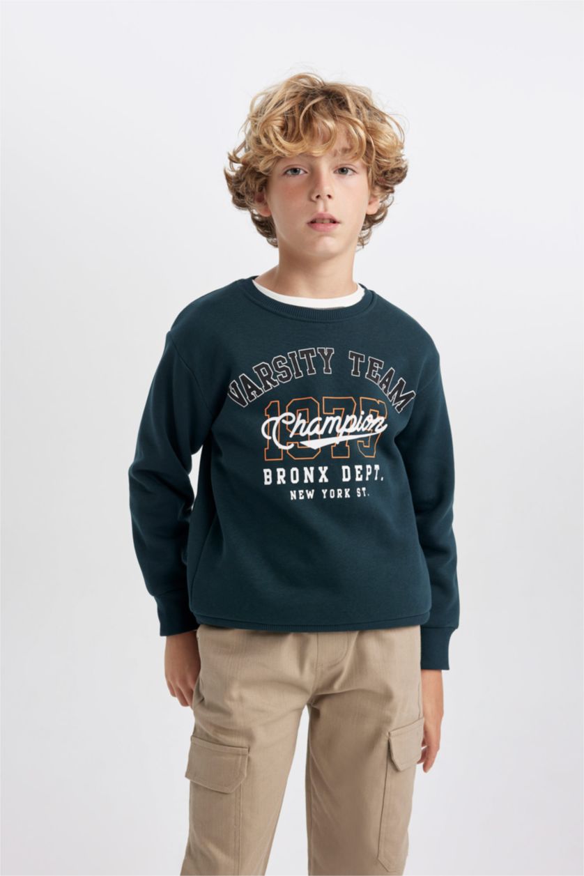 BOYS & TEENS Dark Green Boy Regular Fit Crew Neck Thick Sweatshirt