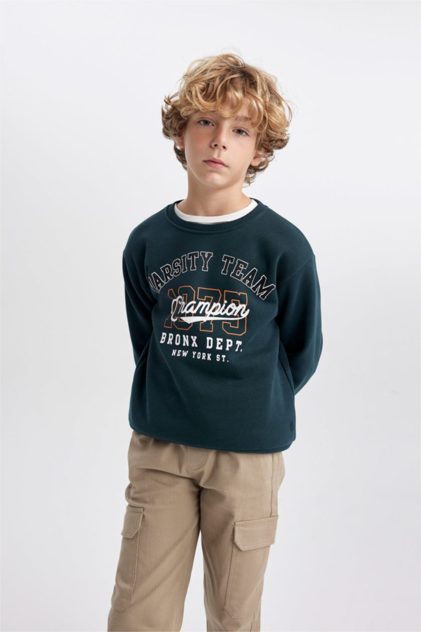 BOYS & TEENS Dark Green Boy Regular Fit Crew Neck Thick Sweatshirt