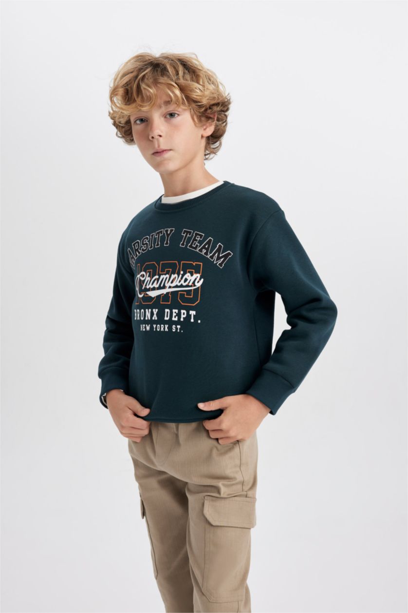 BOYS & TEENS Dark Green Boy Regular Fit Crew Neck Thick Sweatshirt