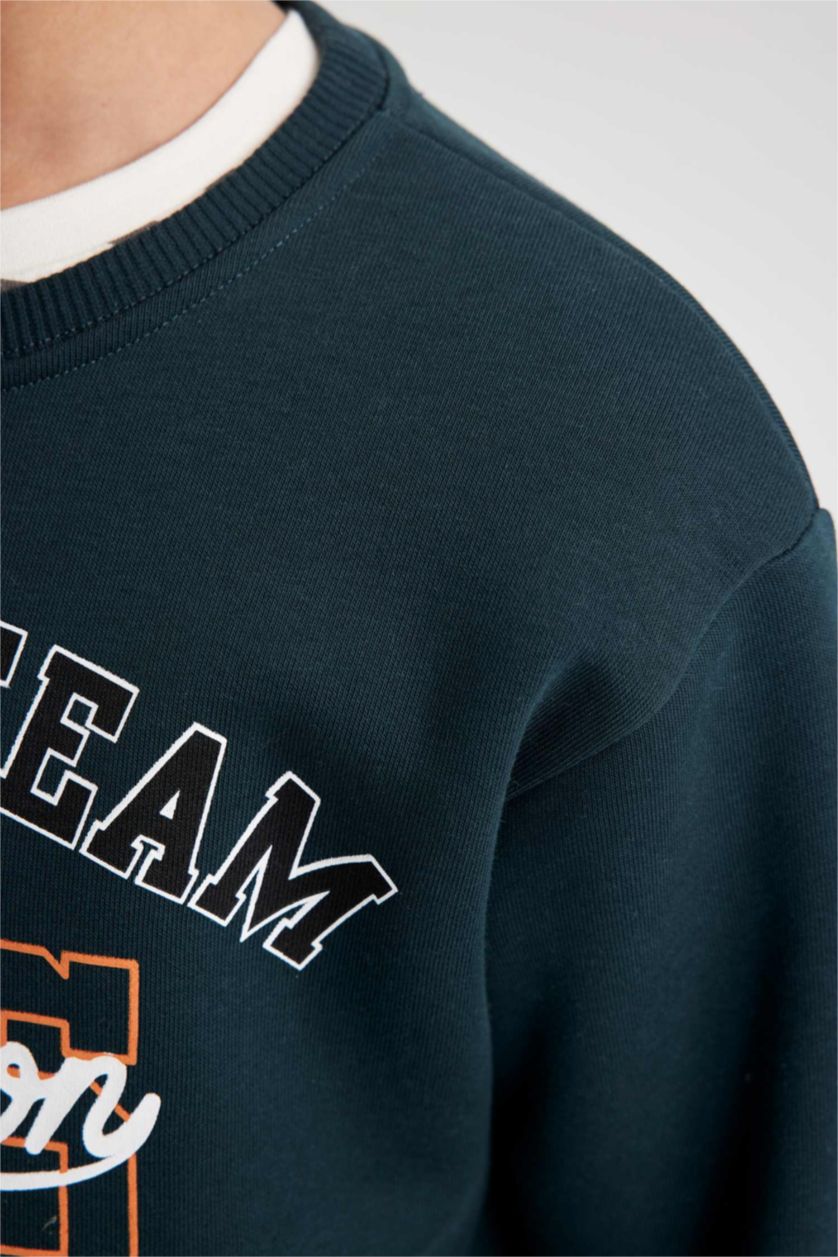 BOYS & TEENS Dark Green Boy Regular Fit Crew Neck Thick Sweatshirt