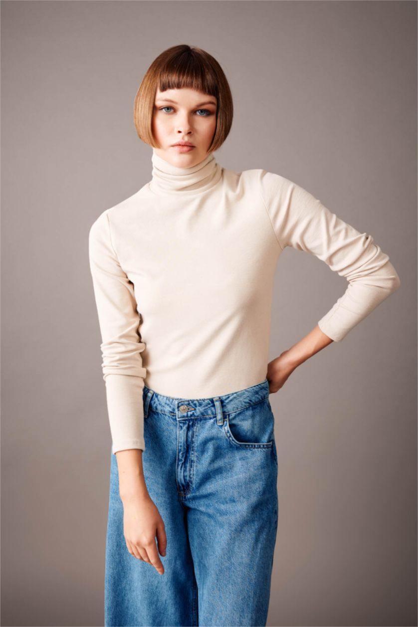 WOMAN Beige Slim Fit Turtleneck Long Sleeve T-Shirt