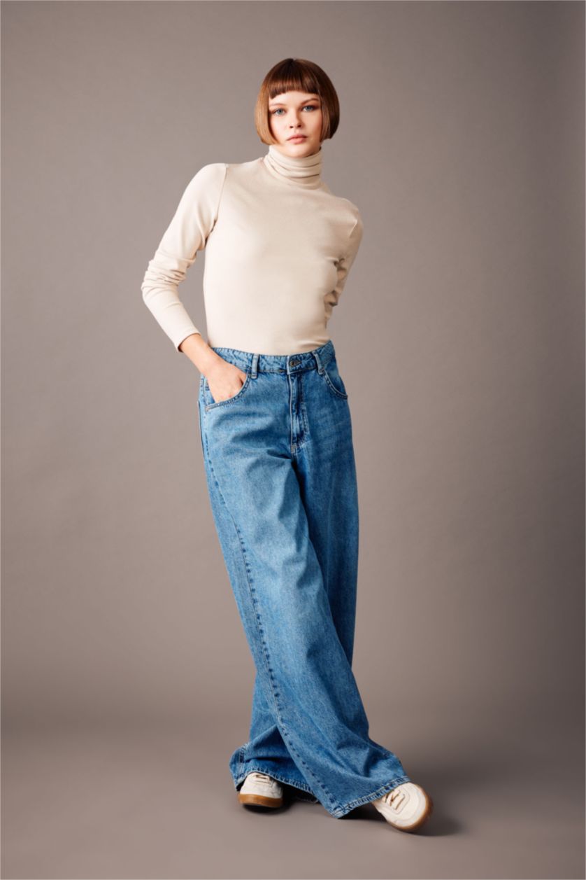 WOMAN Beige Slim Fit Turtleneck Long Sleeve T-Shirt