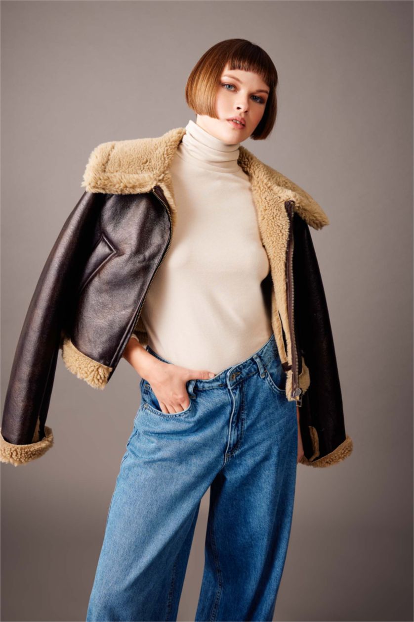 WOMAN Beige Slim Fit Turtleneck Long Sleeve T-Shirt