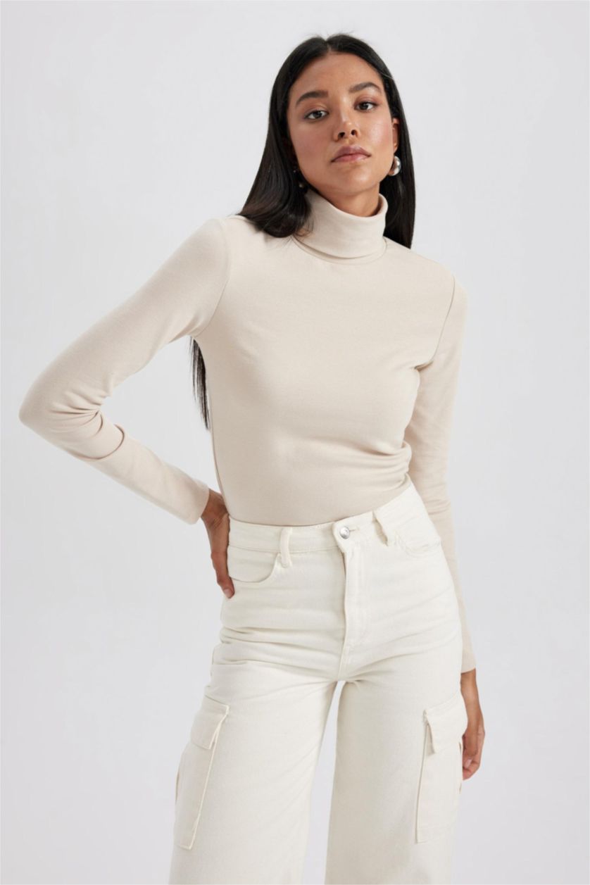 WOMAN Beige Slim Fit Turtleneck Long Sleeve T-Shirt