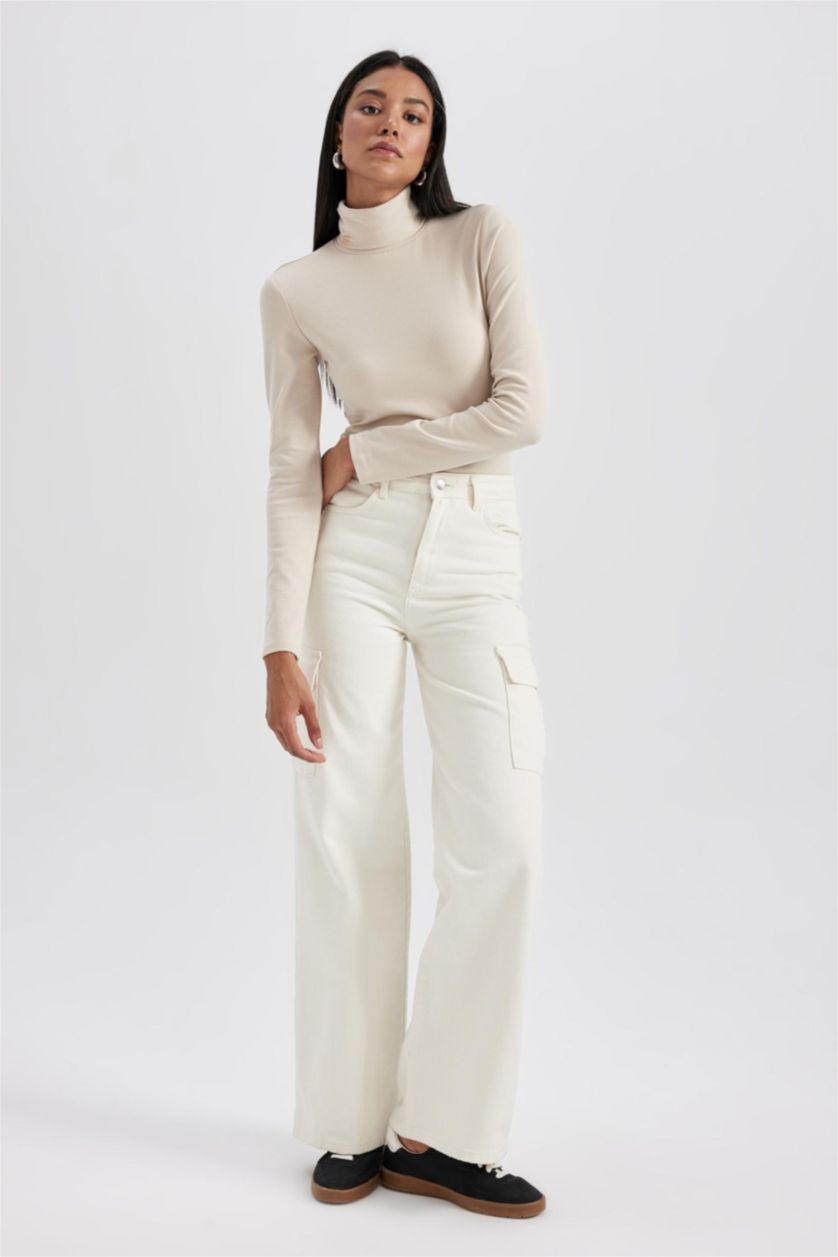 WOMAN Beige Slim Fit Turtleneck Long Sleeve T-Shirt