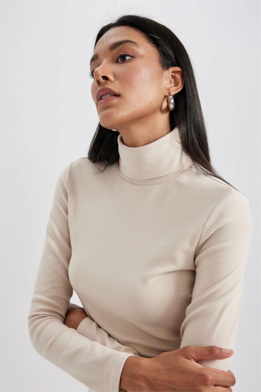 WOMAN Beige Slim Fit Turtleneck Long Sleeve T-Shirt