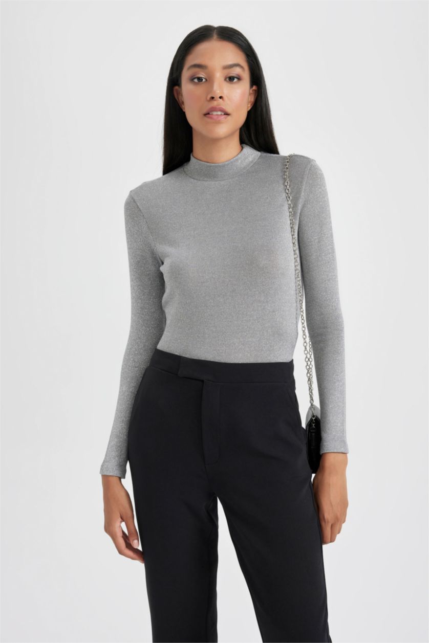 نساء رمادي تيشيرت كم طويل سليم فيت برقبة مدورة