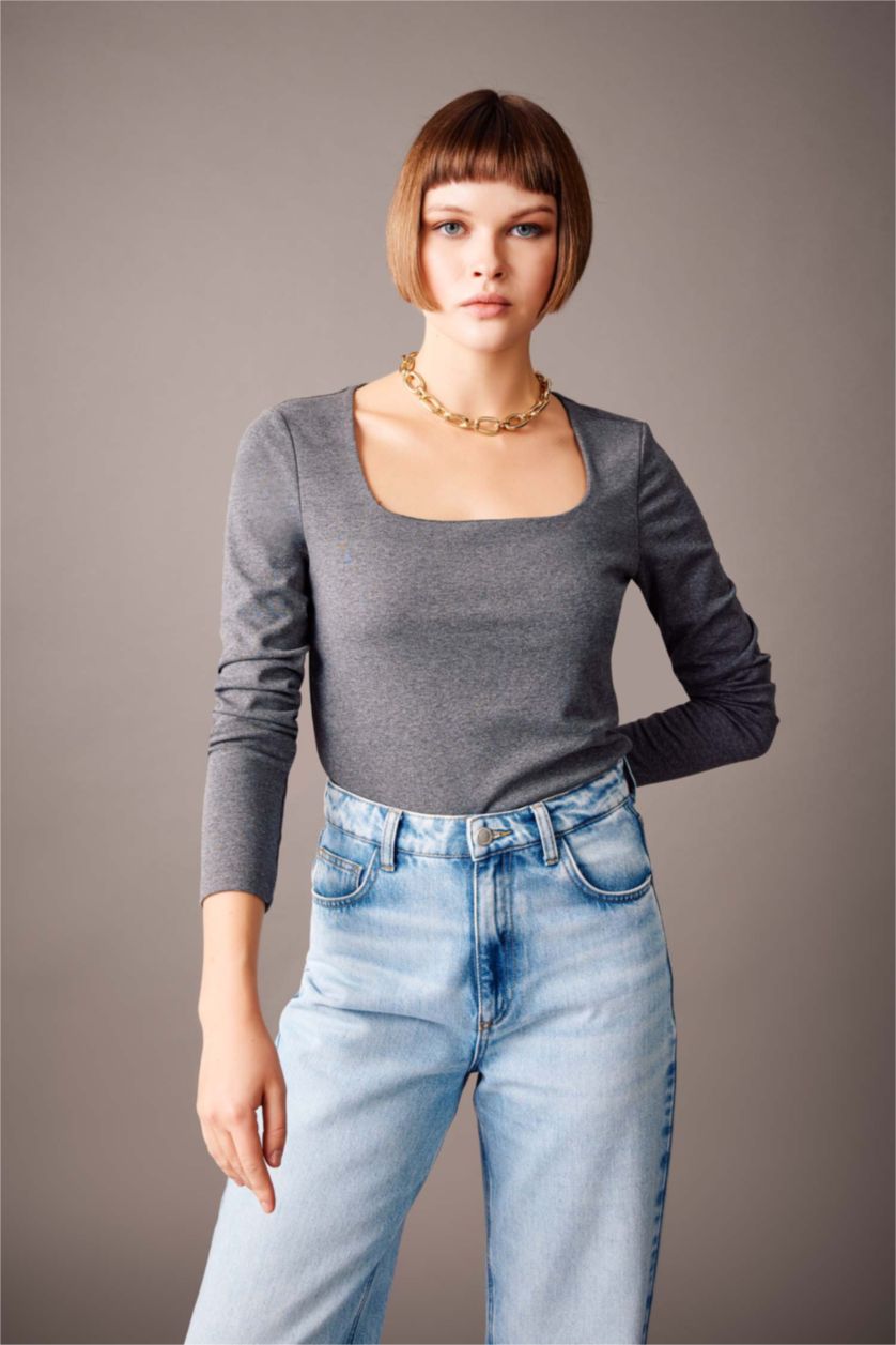 WOMAN Anthracite Melange Slim Fit Square Collar Long Sleeve T-Shirt