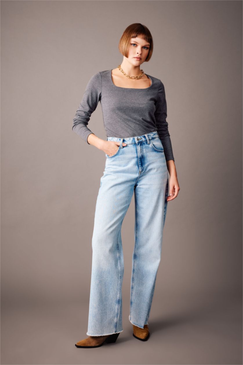 WOMAN Anthracite Melange Slim Fit Square Collar Long Sleeve T-Shirt