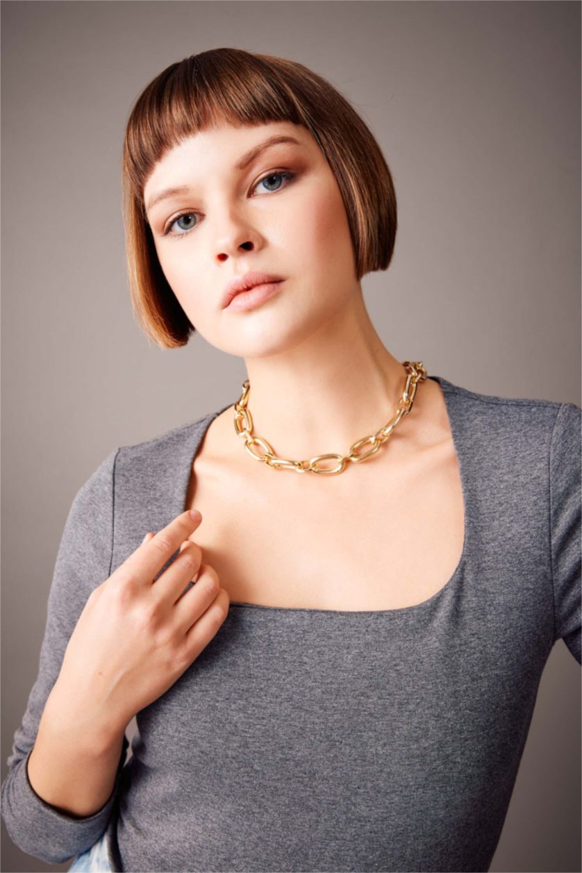 WOMAN Anthracite Melange Slim Fit Square Collar Long Sleeve T-Shirt