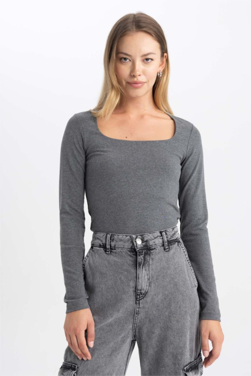 WOMAN Anthracite Melange Slim Fit Square Collar Long Sleeve T-Shirt