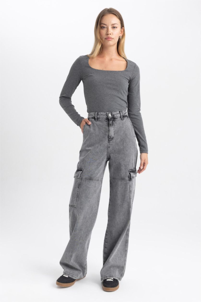 WOMAN Anthracite Melange Slim Fit Square Collar Long Sleeve T-Shirt