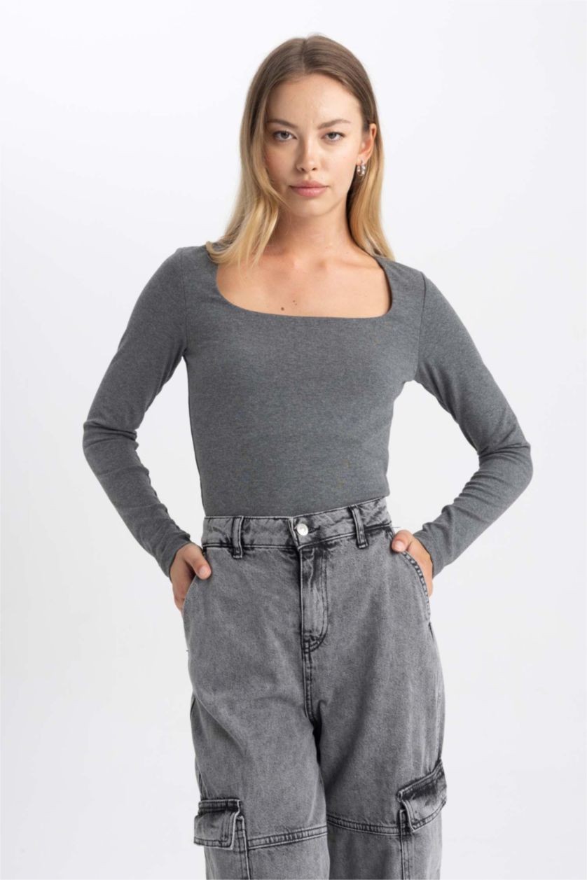 WOMAN Anthracite Melange Slim Fit Square Collar Long Sleeve T-Shirt