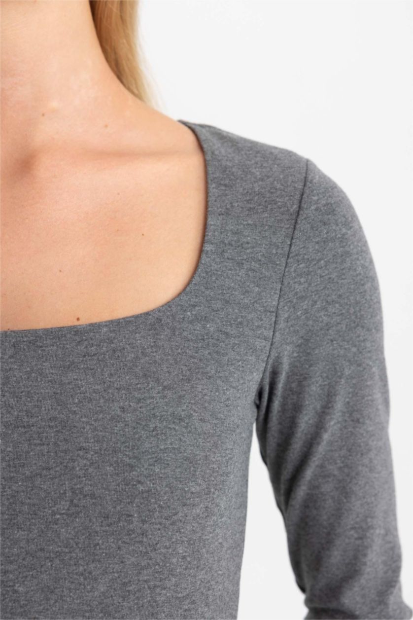 WOMAN Anthracite Melange Slim Fit Square Collar Long Sleeve T-Shirt