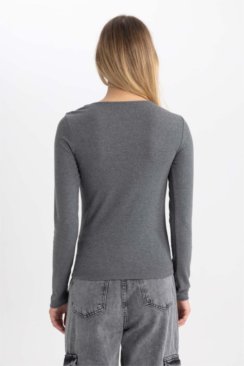 WOMAN Anthracite Melange Slim Fit Square Collar Long Sleeve T-Shirt