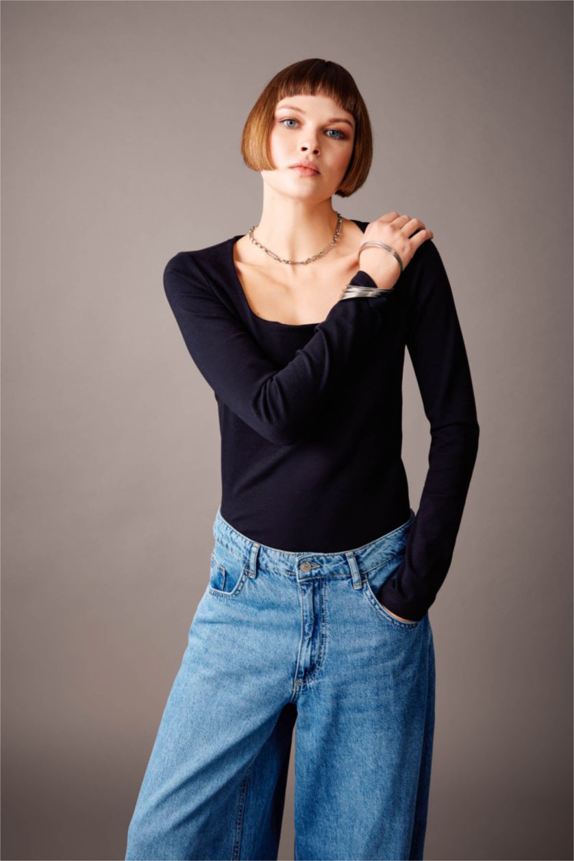 WOMAN Black Slim Fit Square Collar Long Sleeve T-Shirt