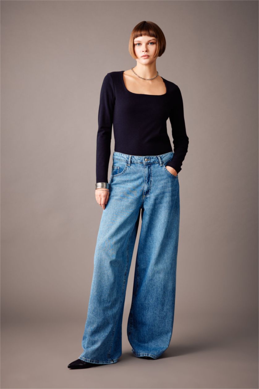 WOMAN Black Slim Fit Square Collar Long Sleeve T-Shirt