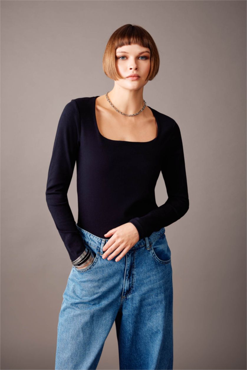 WOMAN Black Slim Fit Square Collar Long Sleeve T-Shirt