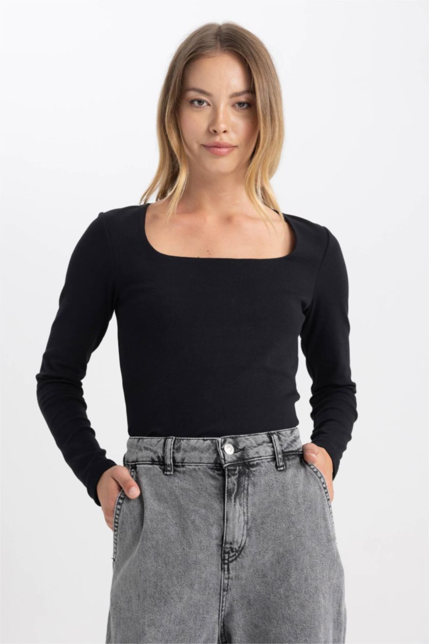 WOMAN Black Slim Fit Square Collar Long Sleeve T-Shirt