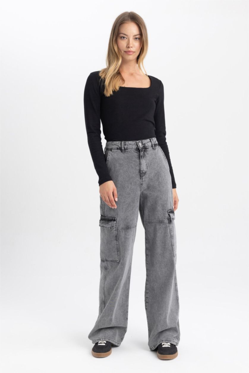 WOMAN Black Slim Fit Square Collar Long Sleeve T-Shirt