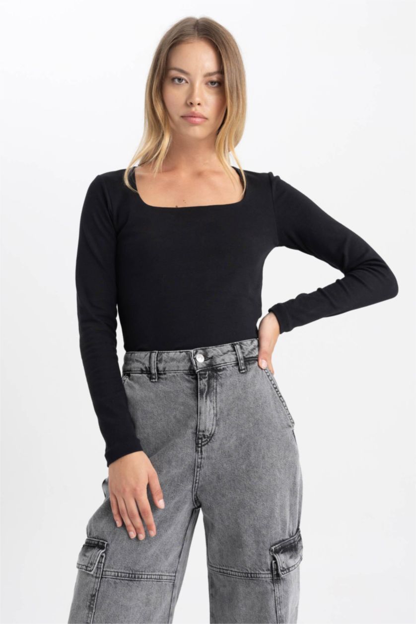 WOMAN Black Slim Fit Square Collar Long Sleeve T-Shirt