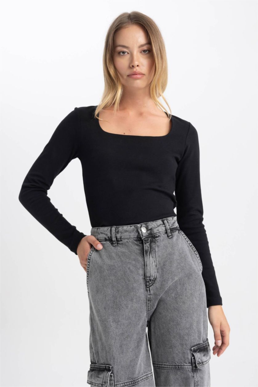 WOMAN Black Slim Fit Square Collar Long Sleeve T-Shirt