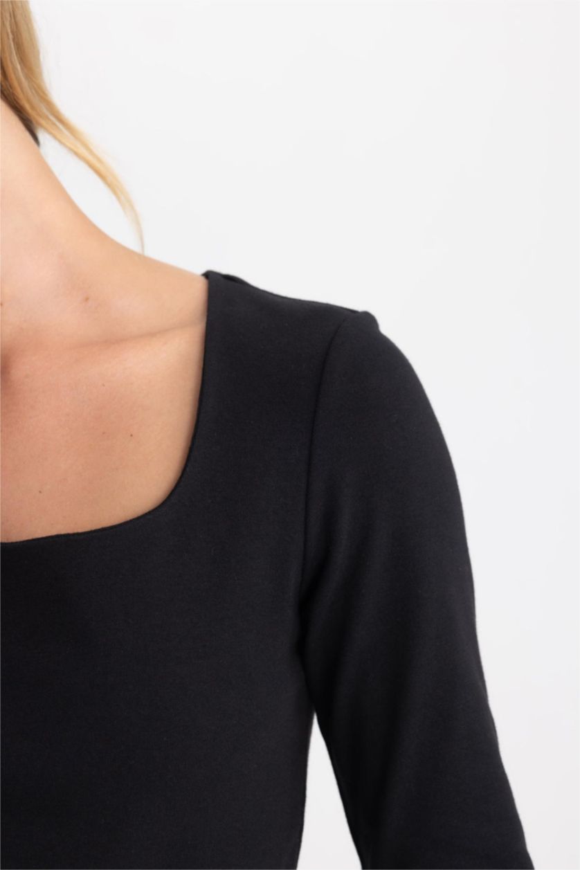 WOMAN Black Slim Fit Square Collar Long Sleeve T-Shirt