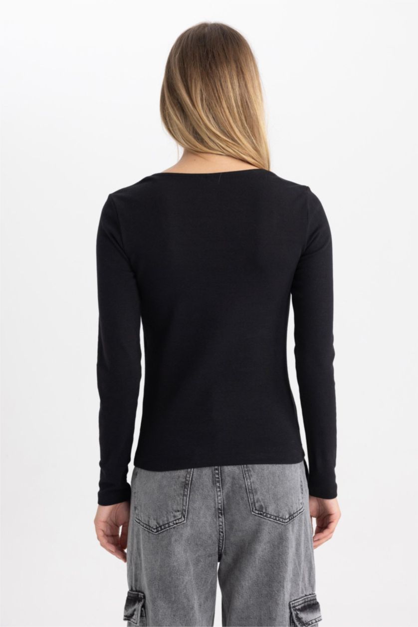 WOMAN Black Slim Fit Square Collar Long Sleeve T-Shirt
