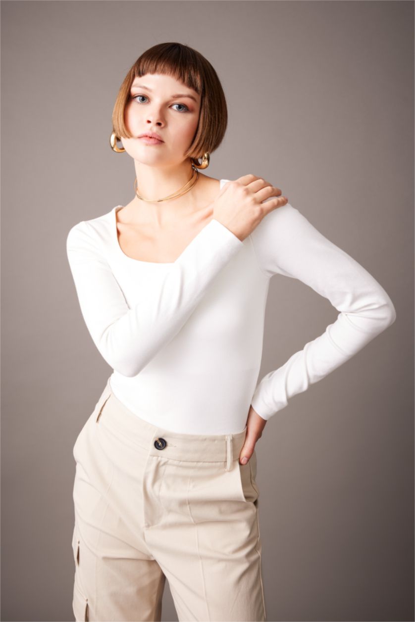 WOMAN Ecru Slim Fit Square Collar Long Sleeve T-Shirt