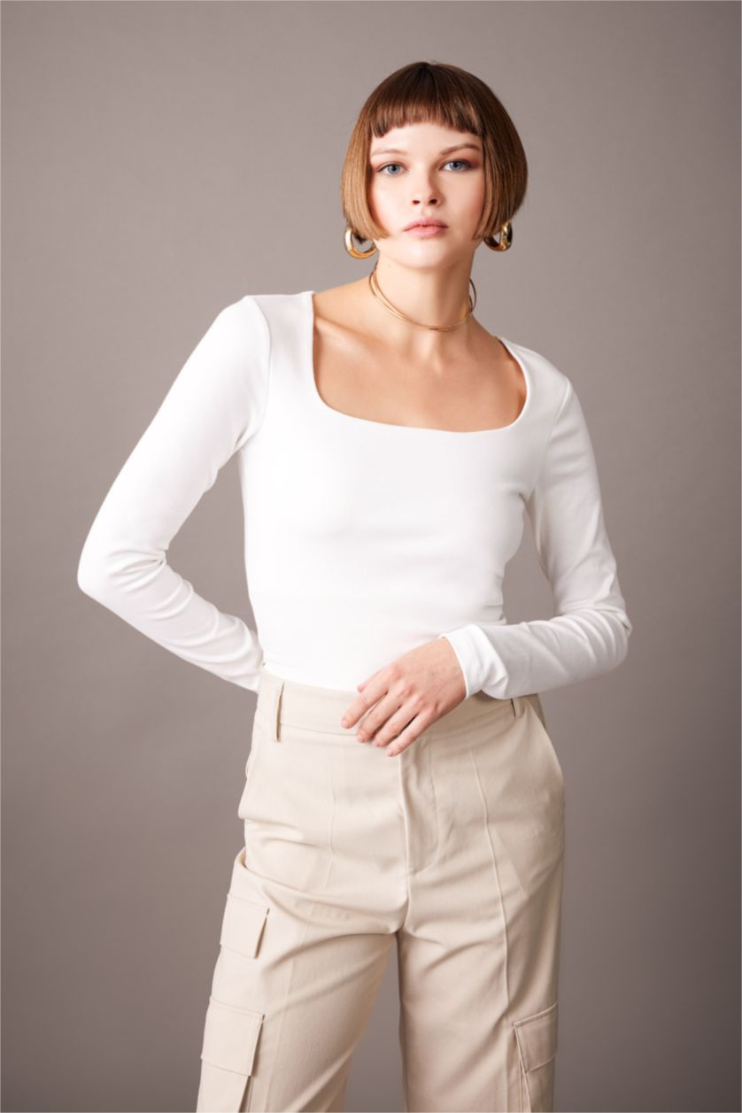 WOMAN Ecru Slim Fit Square Collar Long Sleeve T-Shirt