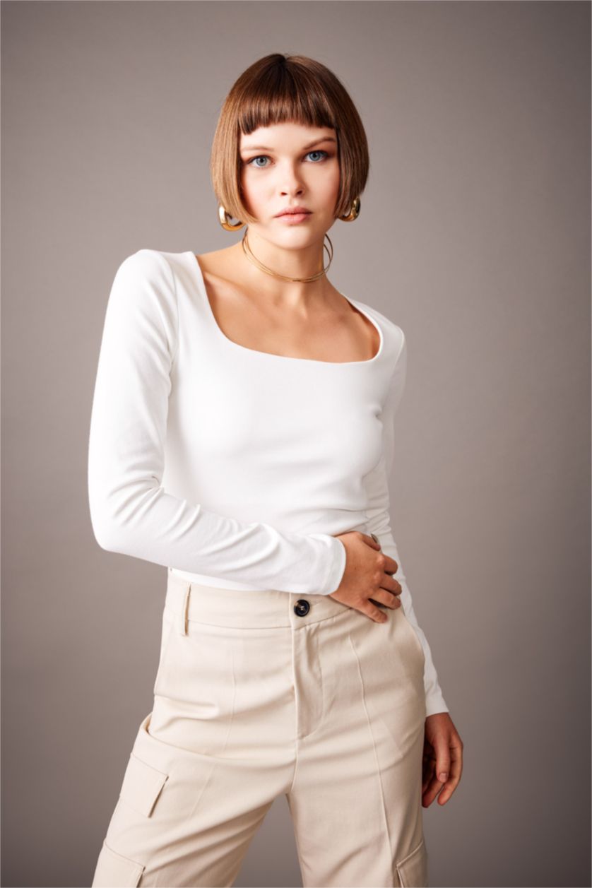 WOMAN Ecru Slim Fit Square Collar Long Sleeve T-Shirt