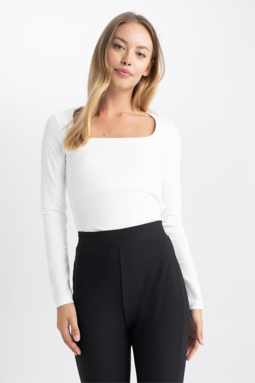 WOMAN Ecru Slim Fit Square Collar Long Sleeve T-Shirt