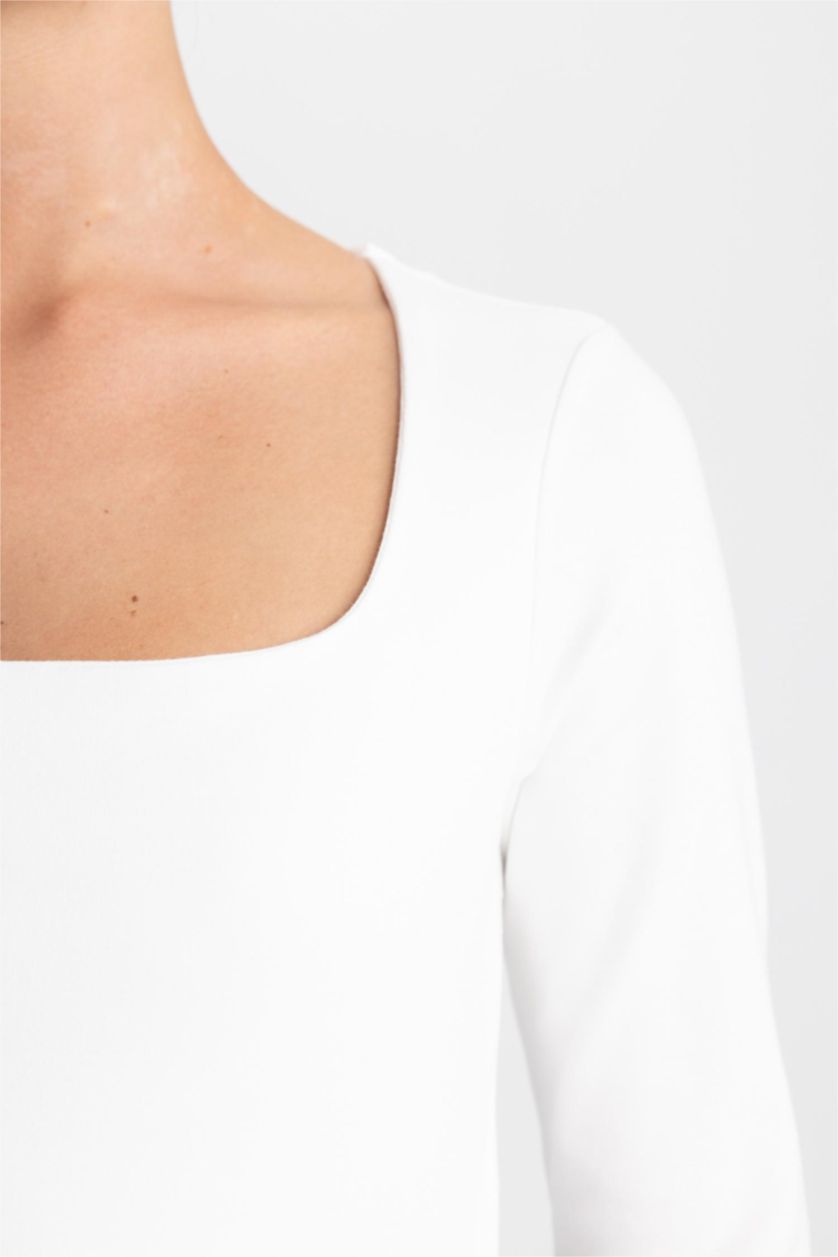 WOMAN Ecru Slim Fit Square Collar Long Sleeve T-Shirt