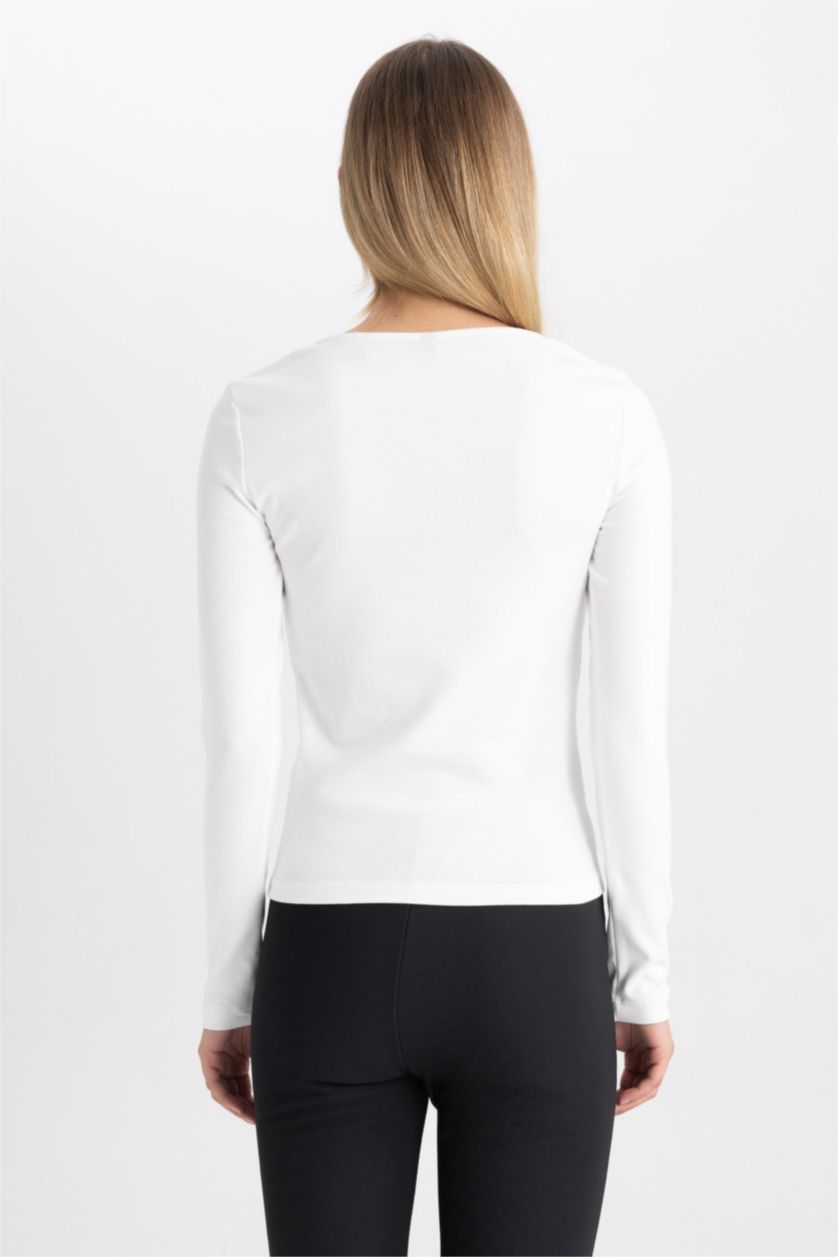 WOMAN Ecru Slim Fit Square Collar Long Sleeve T-Shirt