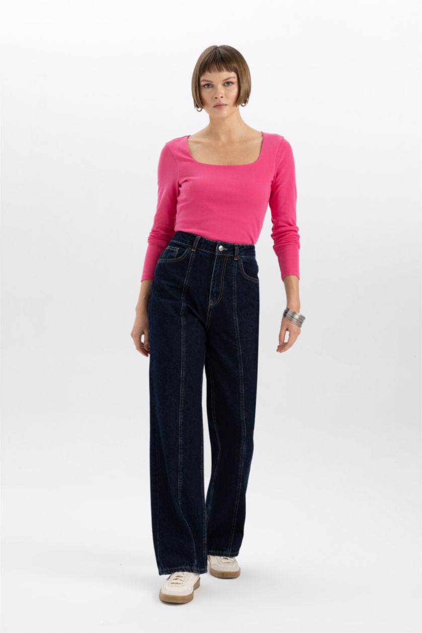 WOMAN Dark Pink Slim Fit Square Collar Long Sleeve T-Shirt