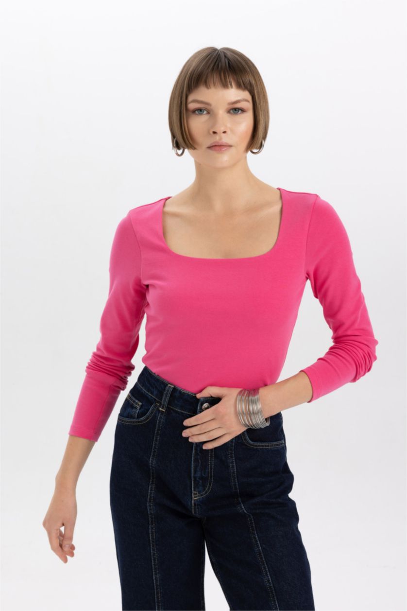 WOMAN Dark Pink Slim Fit Square Collar Long Sleeve T-Shirt