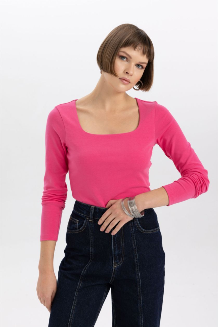 WOMAN Dark Pink Slim Fit Square Collar Long Sleeve T-Shirt