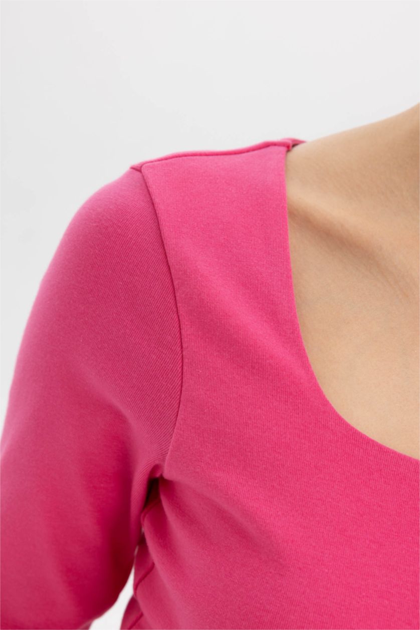 WOMAN Dark Pink Slim Fit Square Collar Long Sleeve T-Shirt