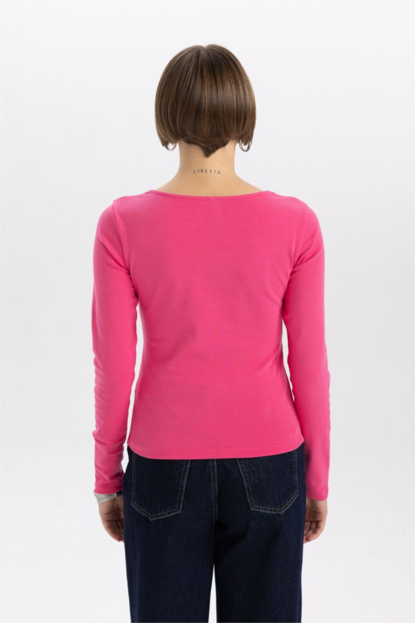 WOMAN Dark Pink Slim Fit Square Collar Long Sleeve T-Shirt