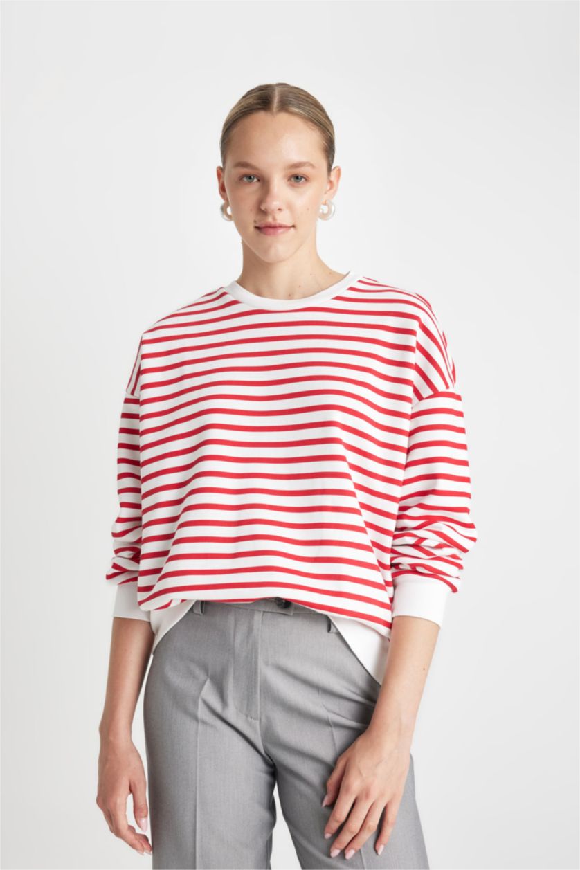 FEMME Rouge Sweatshirt Oversize rayé à col rond en tissu épais