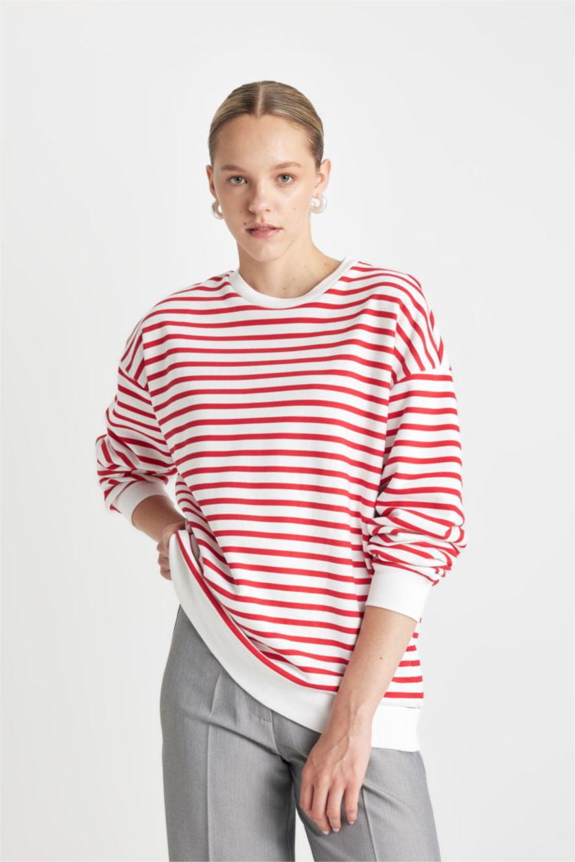 FEMME Rouge Sweatshirt Oversize rayé à col rond en tissu épais