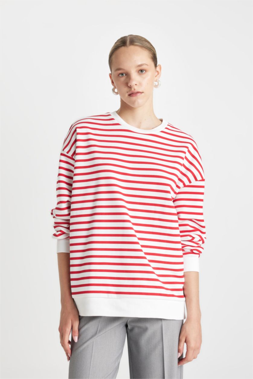 FEMME Rouge Sweatshirt Oversize rayé à col rond en tissu épais
