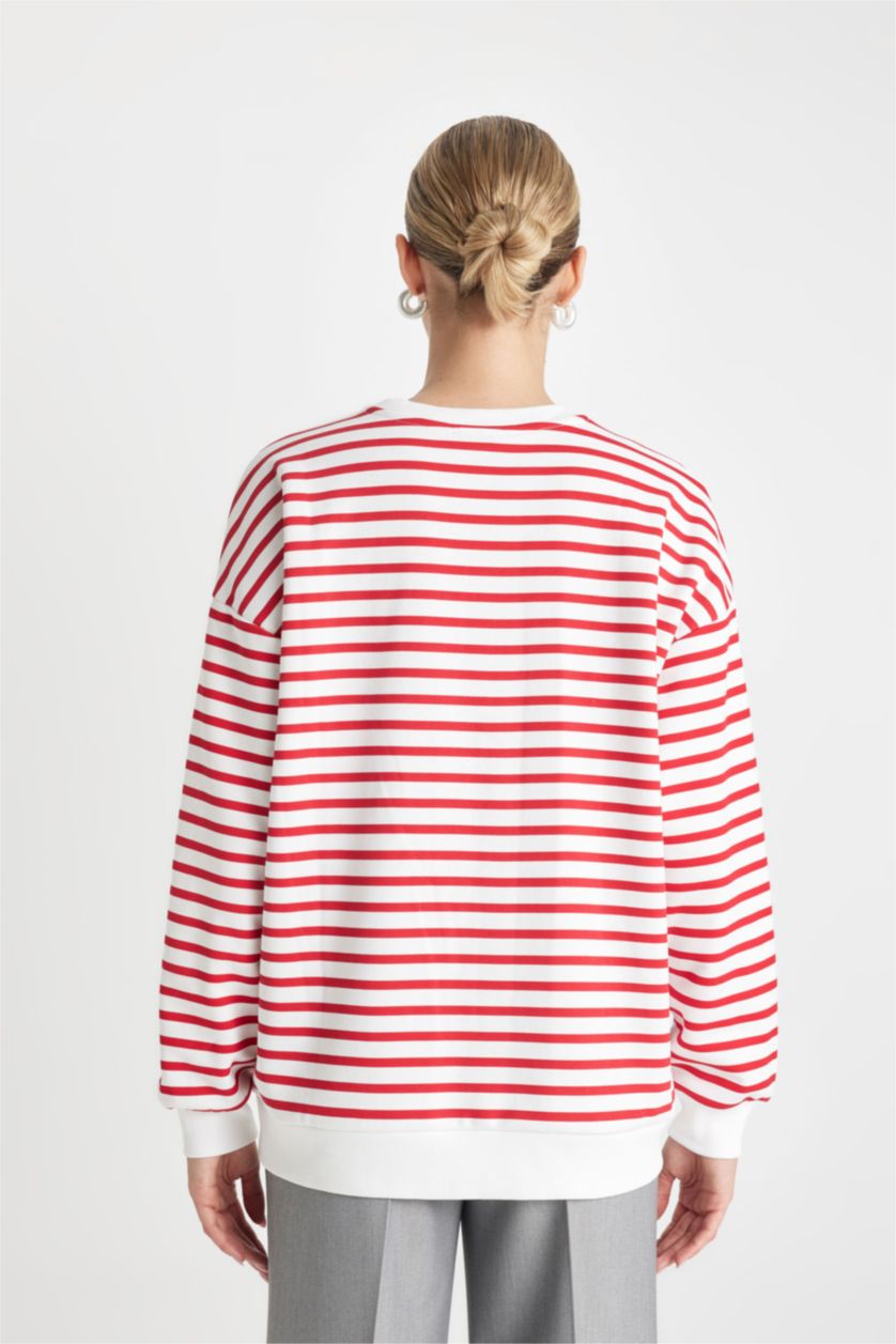 FEMME Rouge Sweatshirt Oversize rayé à col rond en tissu épais