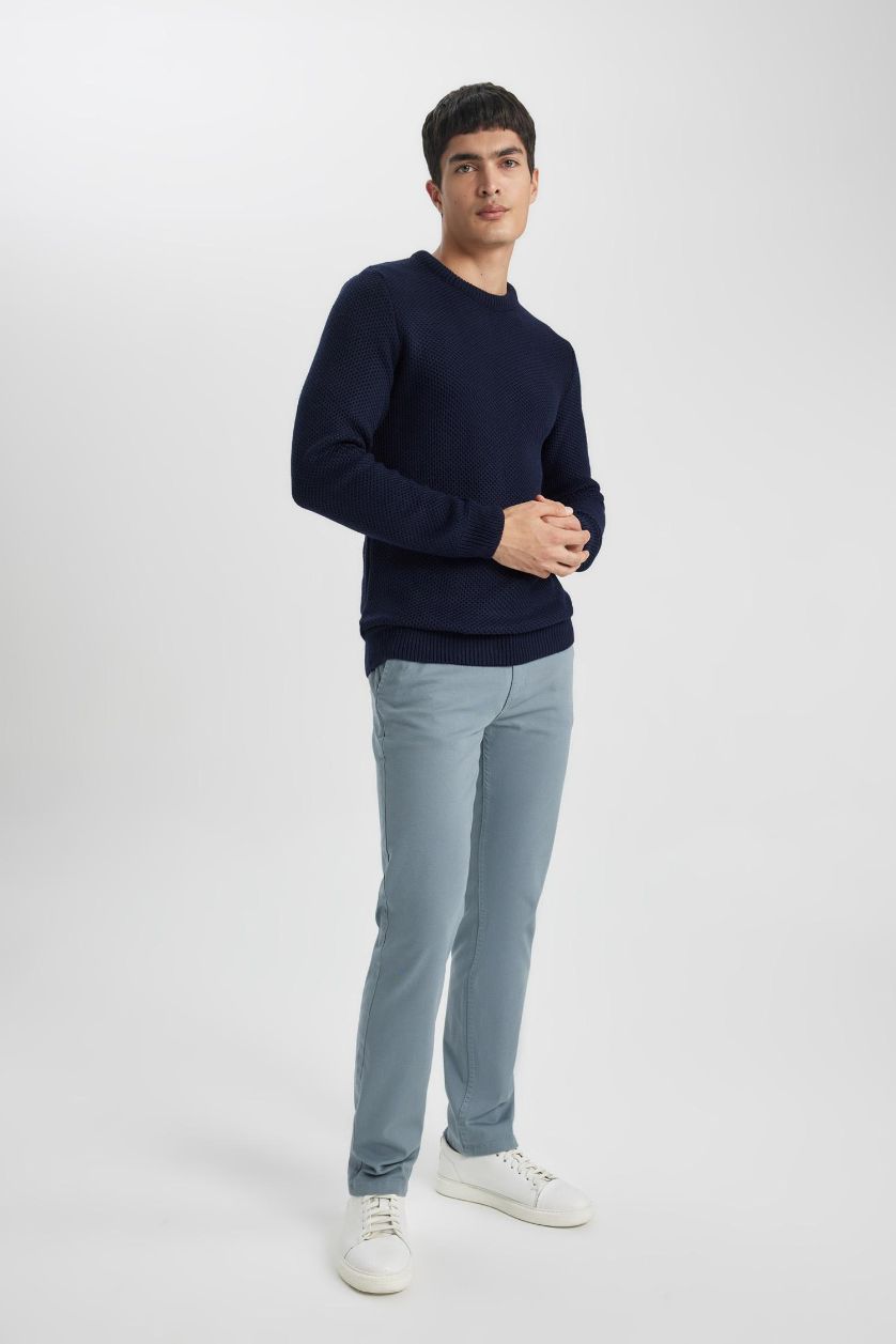 Man Blue Regular Fit Regular Hem Zipper Pocket Gabardine Trousers