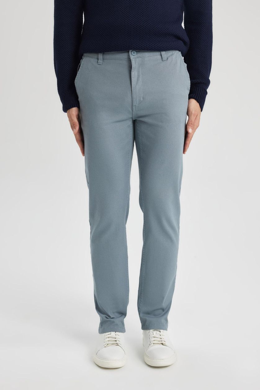 Man Blue Regular Fit Regular Hem Zipper Pocket Gabardine Trousers