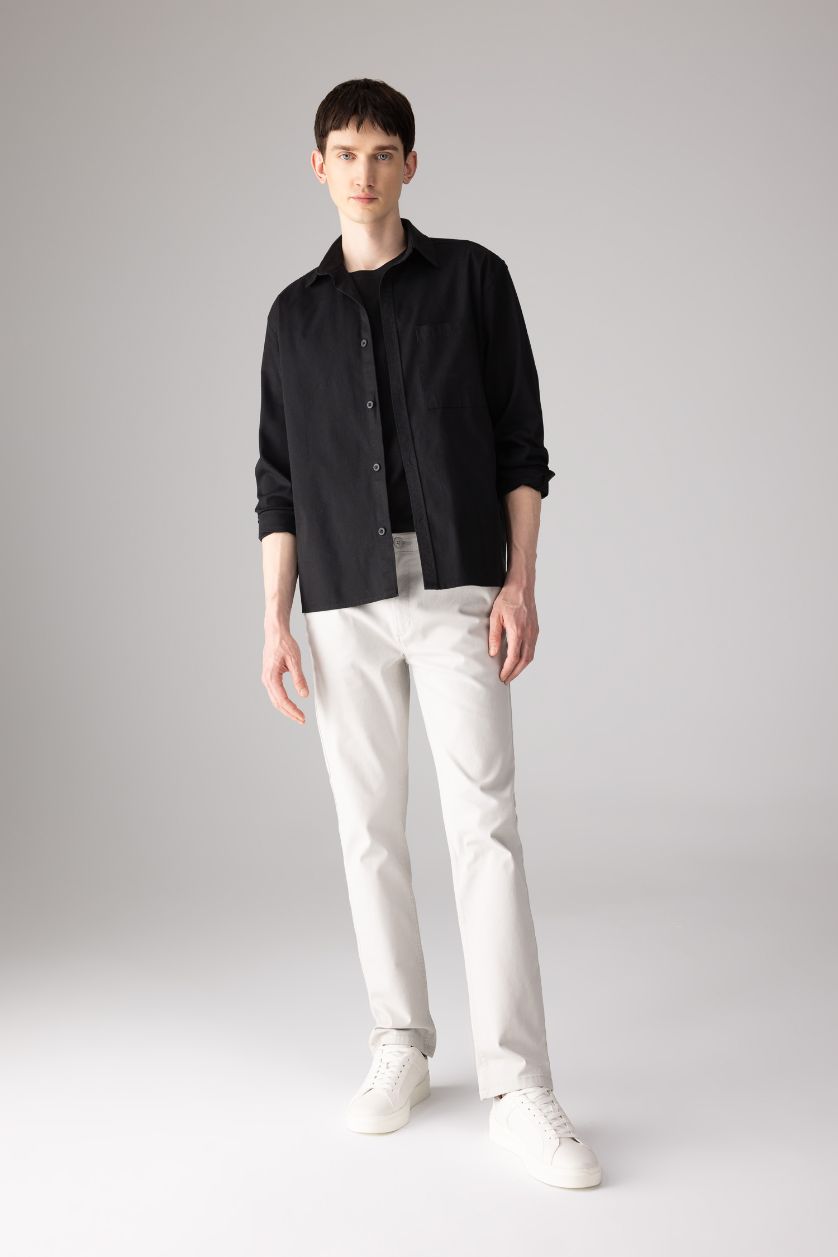 Man Light Grey Regular Fit Regular Hem Zipper Pocket Gabardine Trousers