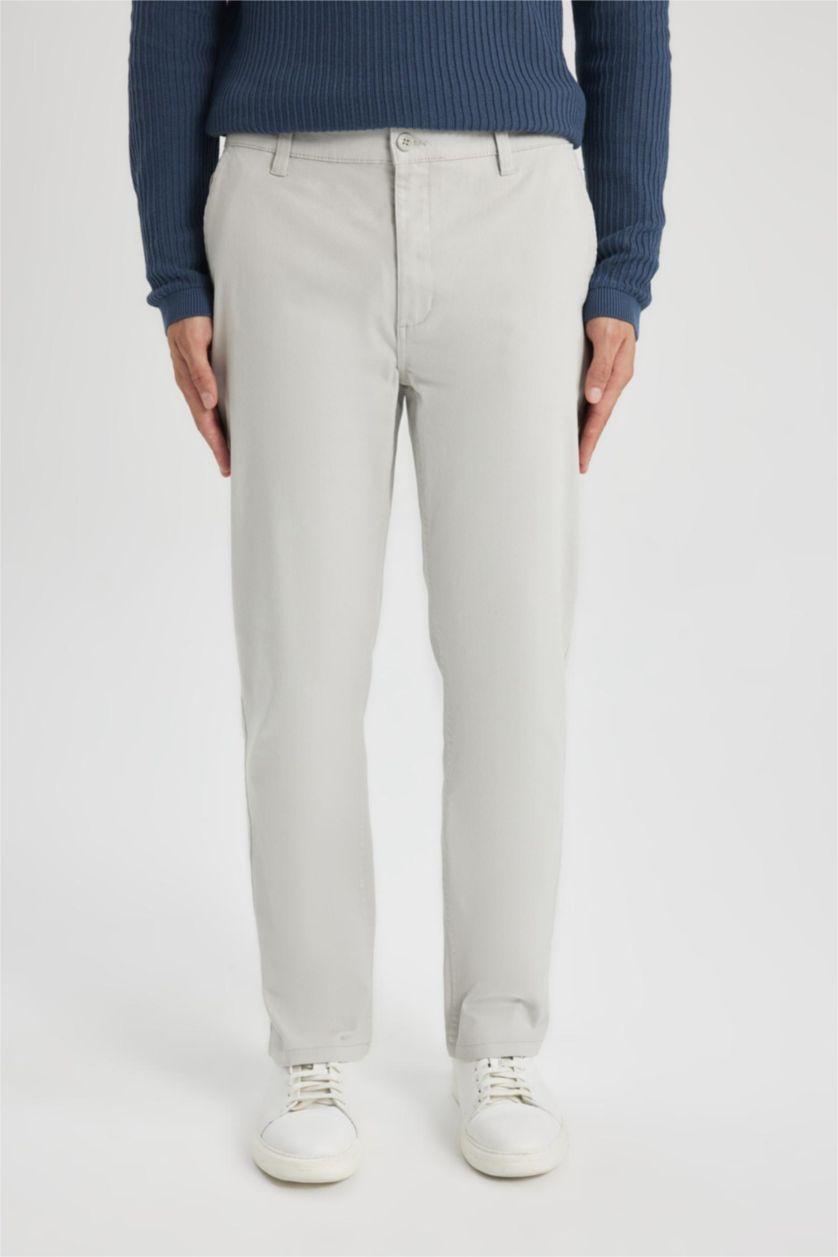 Man Light Grey Regular Fit Regular Hem Zipper Pocket Gabardine Trousers